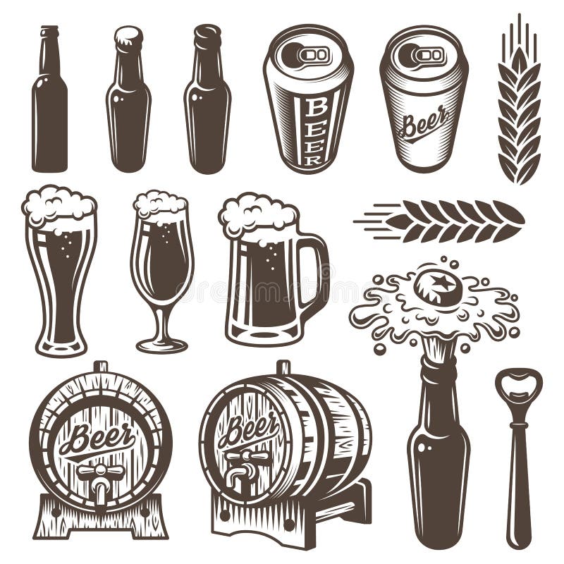 Set of vinyage beer and brewery elements. Monochrome style. on white background. Set of vinyage beer and brewery elements. Monochrome style. on white background.