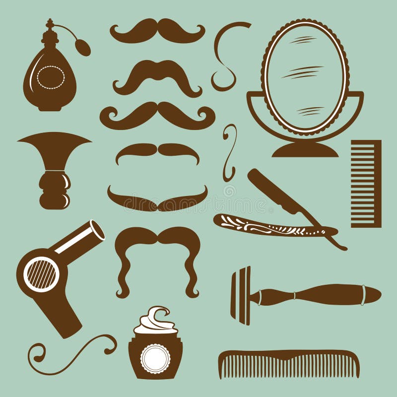 Sistema de elementos de la peluquería de caballeros y del peluquero del vintage stock de ilustración Sistema de elementos de la peluquería de caballeros y del peluquero del vintage stock de ilustración