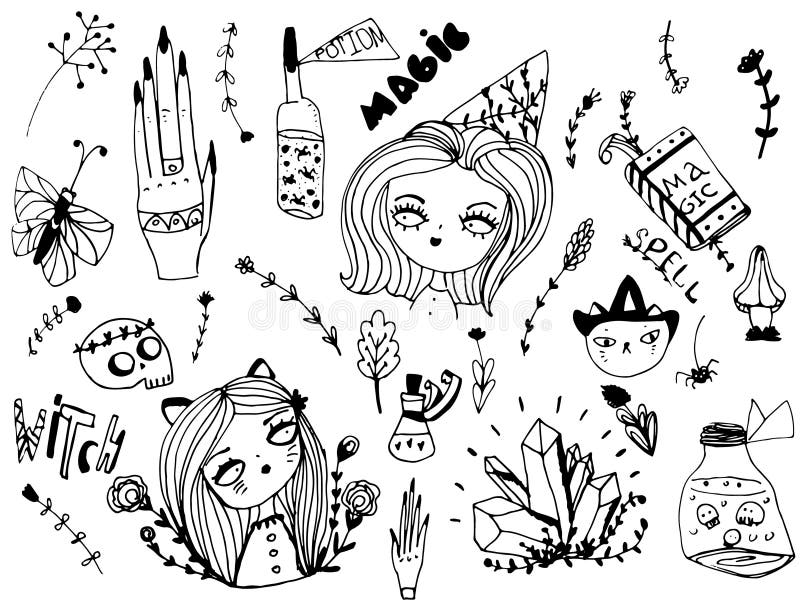 Sistema de elementos lindos de la bruja, mágicos y de Halloween Estilo dibujado mano del bosquejo para el diseño stock de ilustración Sistema de elementos lindos de la bruja, mágicos y de Halloween Estilo dibujado mano del bosquejo para el diseño stock de ilustración