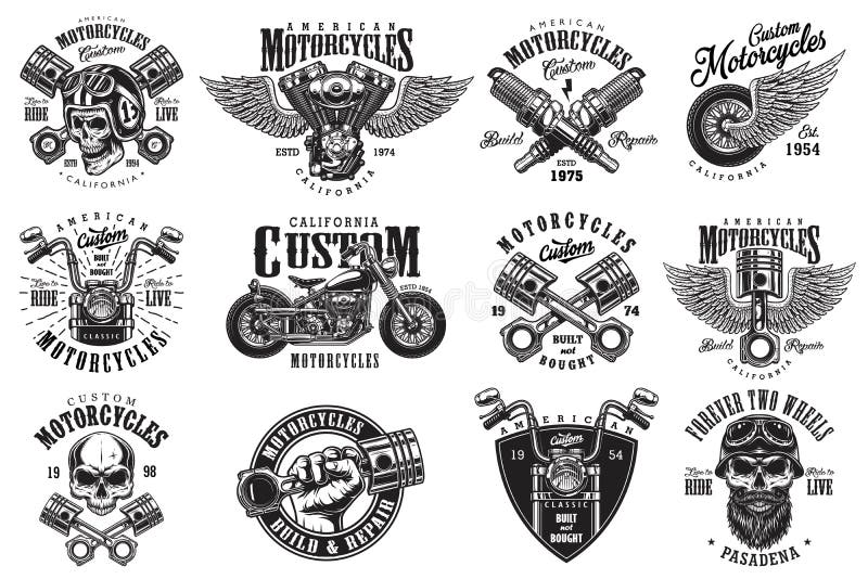 Sistema de emblemas de encargo de la motocicleta ilustración del vector Sistema de emblemas de encargo de la motocicleta ilustración del vector