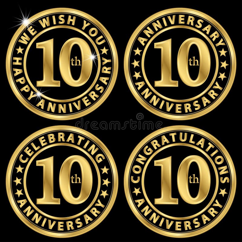 sistema de etiqueta de oro del 10mo aniversario, celebrando 10 años de annivers stock de ilustración sistema de etiqueta de oro del 10mo aniversario, celebrando 10 años de annivers stock de ilustración