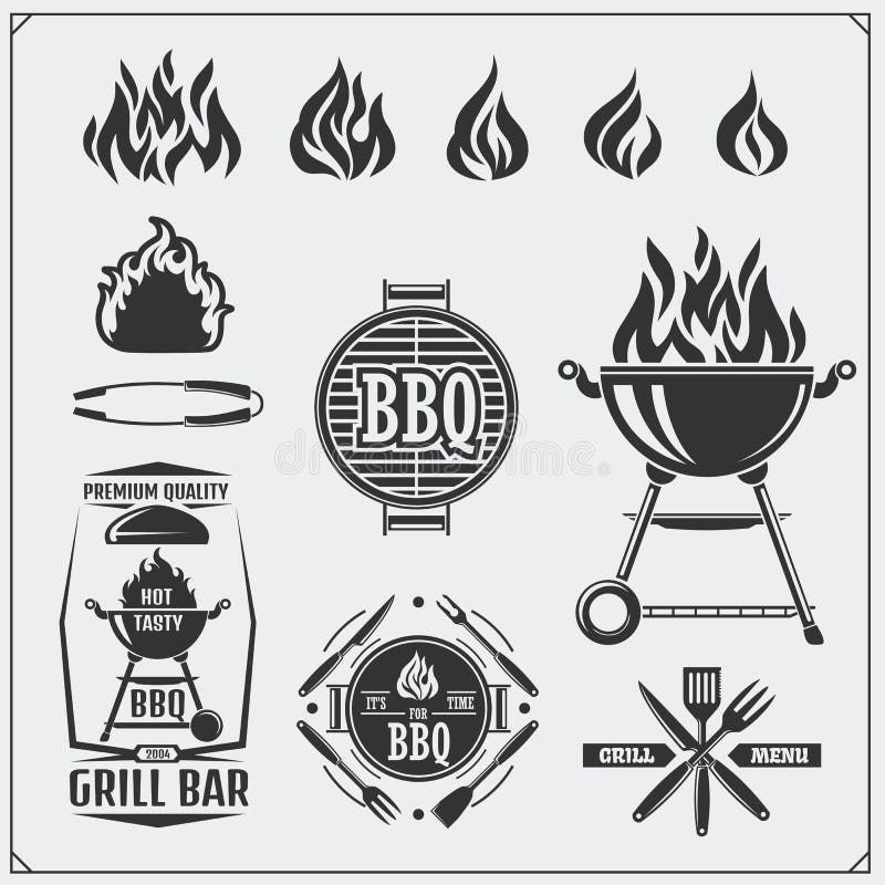 Sistema de etiquetas del Bbq y de la parrilla Emblemas de la barbacoa, insignias y elementos del diseño Ejemplo del monocromo del stock de ilustración Sistema de etiquetas del Bbq y de la parrilla Emblemas de la barbacoa, insignias y elementos del diseño Ejemplo del monocromo del stock de ilustración