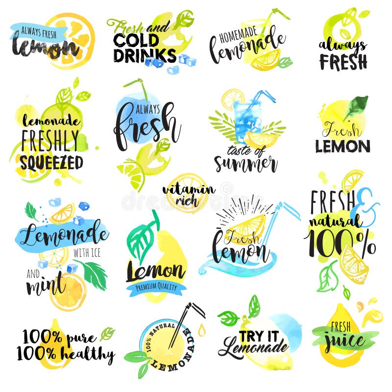 Sistema de etiquetas dibujadas mano de la acuarela y muestras del limón y de la limonada ilustración del vector Sistema de etiquetas dibujadas mano de la acuarela y muestras del limón y de la limonada ilustración del vector