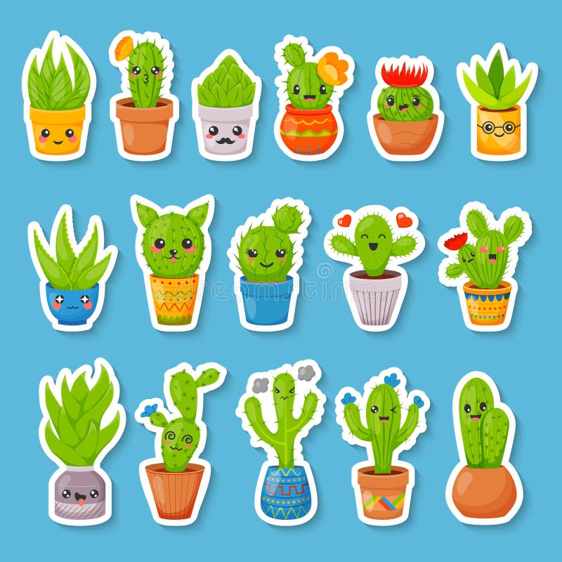 Sistema de 16 etiquetas engomadas lindas del cactus y de los succulents de la historieta Cactus de Kawaii con las caras divertida stock de ilustración Sistema de 16 etiquetas engomadas lindas del cactus y de los succulents de la historieta Cactus de Kawaii con las caras divertida stock de ilustración