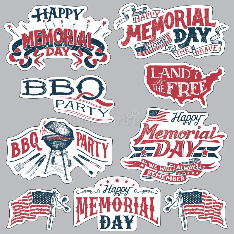 Sistema de etiquetas feliz del partido de la barbacoa de Memorial Day stock de ilustración Sistema de etiquetas feliz del partido de la barbacoa de Memorial Day stock de ilustración