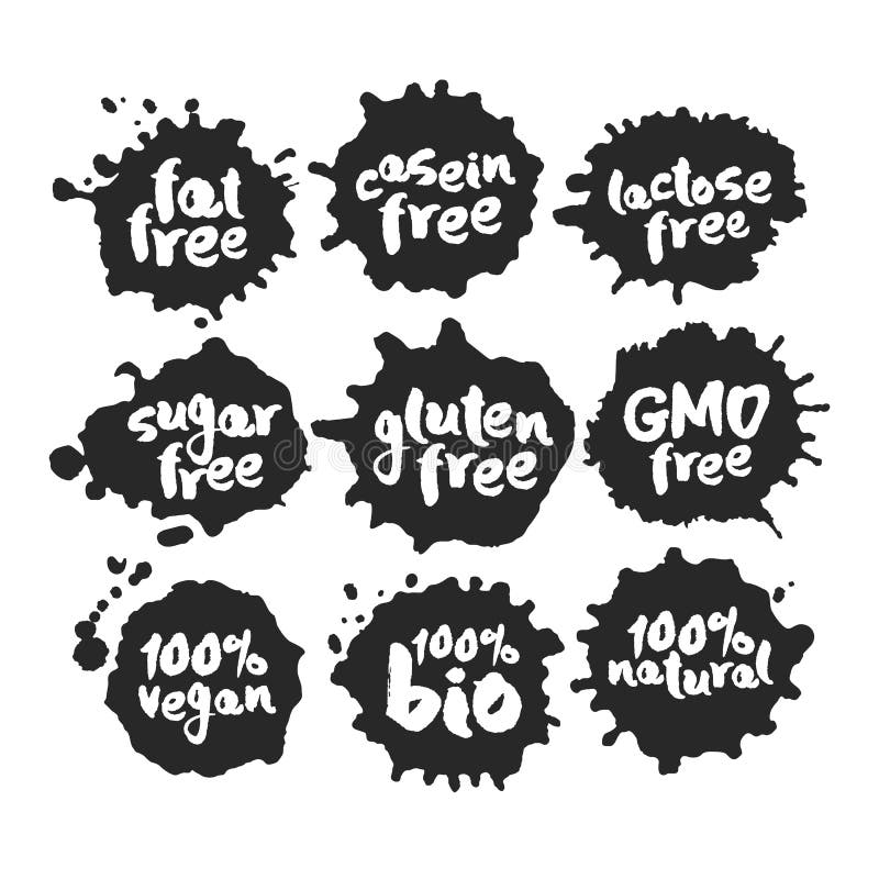 Sistema de etiquetas de la comida del vegano de Eco en manchas de tinta negras ilustración del vector Sistema de etiquetas de la comida del vegano de Eco en manchas de tinta negras ilustración del vector