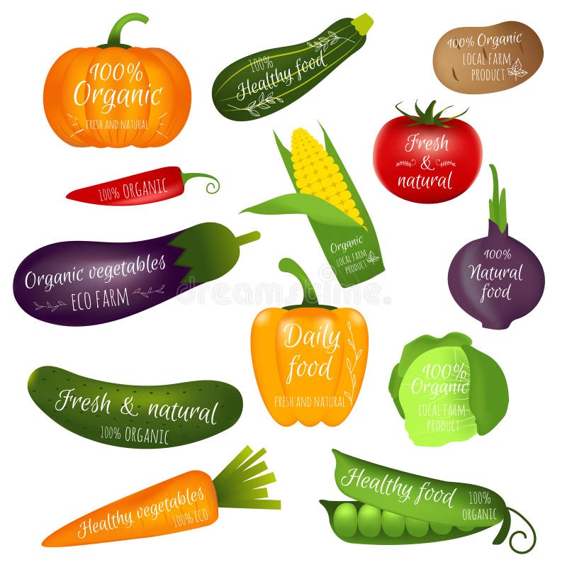 Sistema de etiquetas de las verduras con el texto de la muestra Colección de realista stock de ilustración Sistema de etiquetas de las verduras con el texto de la muestra Colección de realista stock de ilustración