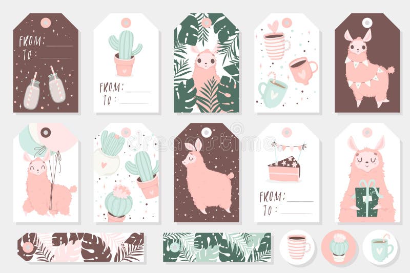 Sistema de etiquetas, de tarjetas y de sticers listos para utilizar lindos del regalo con los lamas stock de ilustración Sistema de etiquetas, de tarjetas y de sticers listos para utilizar lindos del regalo con los lamas stock de ilustración