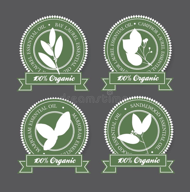 Sistema de etiquetas verdes del aceite esencial stock de ilustración Sistema de etiquetas verdes del aceite esencial stock de ilustración