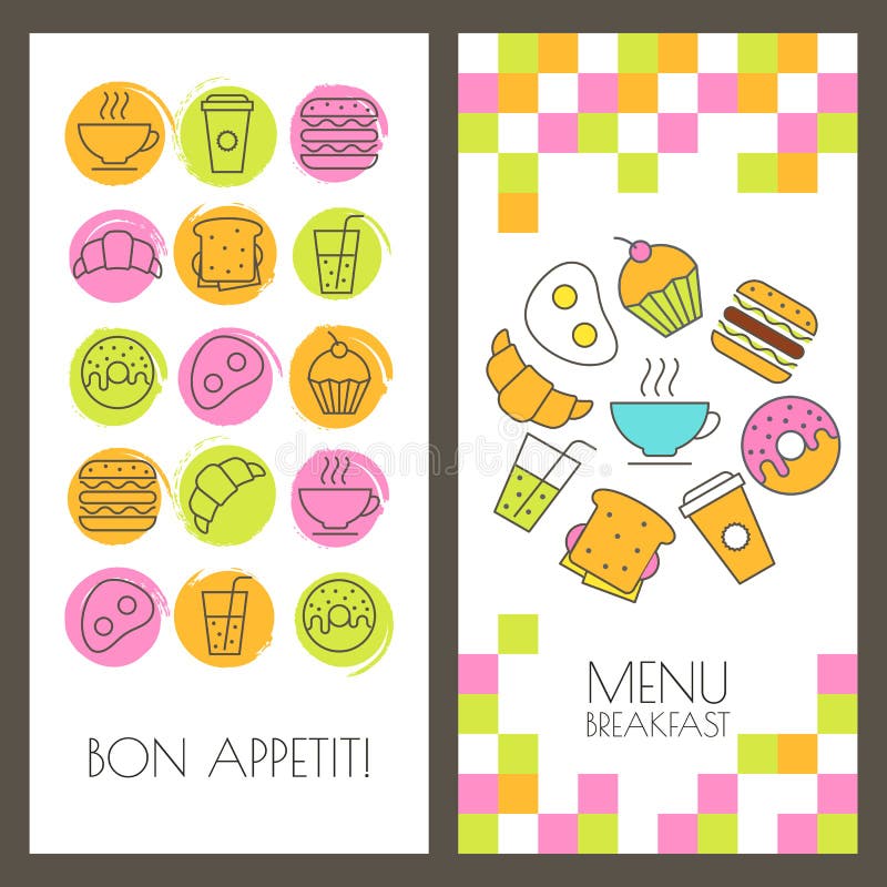 Sistema de fondos de los alimentos de preparación rápida y del desayuno del vector Menú, bandera, stock de ilustración Sistema de fondos de los alimentos de preparación rápida y del desayuno del vector Menú, bandera, stock de ilustración