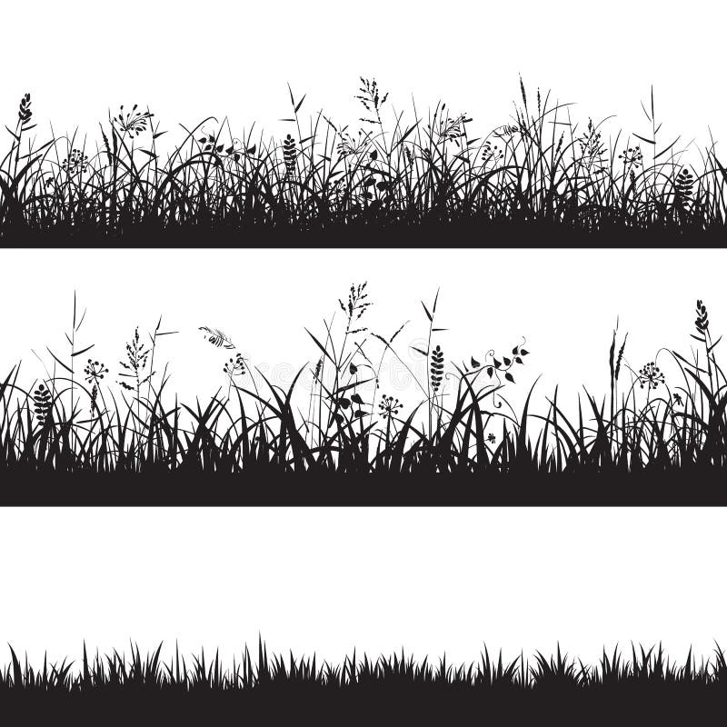 Sistema de fronteras inconsútiles de la hierba Silueta negra de la hierba, de los puntos y de las hierbas Vector