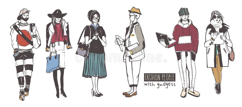 Sistema de gente elegante con los artilugios en la calle, colección de la moda del bosquejo stock de ilustración Sistema de gente elegante con los artilugios en la calle, colección de la moda del bosquejo stock de ilustración