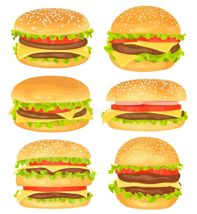 Sistema de hamburguesas grandes en el fondo blanco ilustración del vector Sistema de hamburguesas grandes en el fondo blanco ilustración del vector