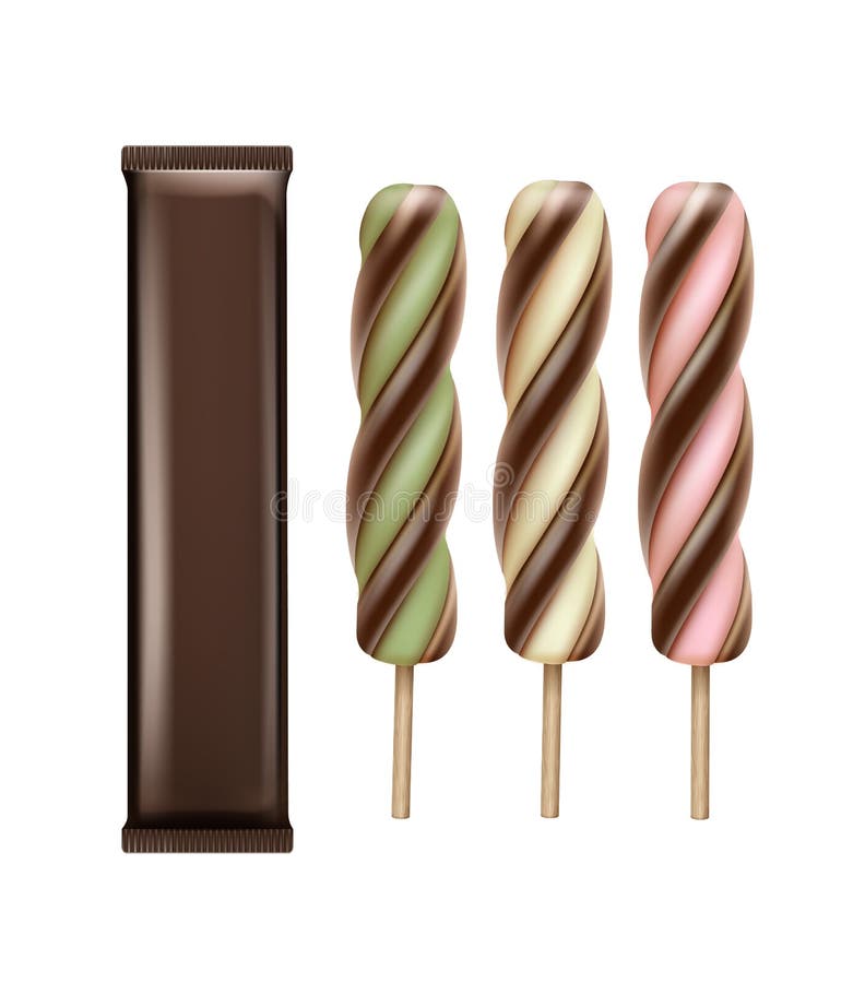 Sistema de helado del espiral del chocolate de la vainilla en el palillo stock de ilustración