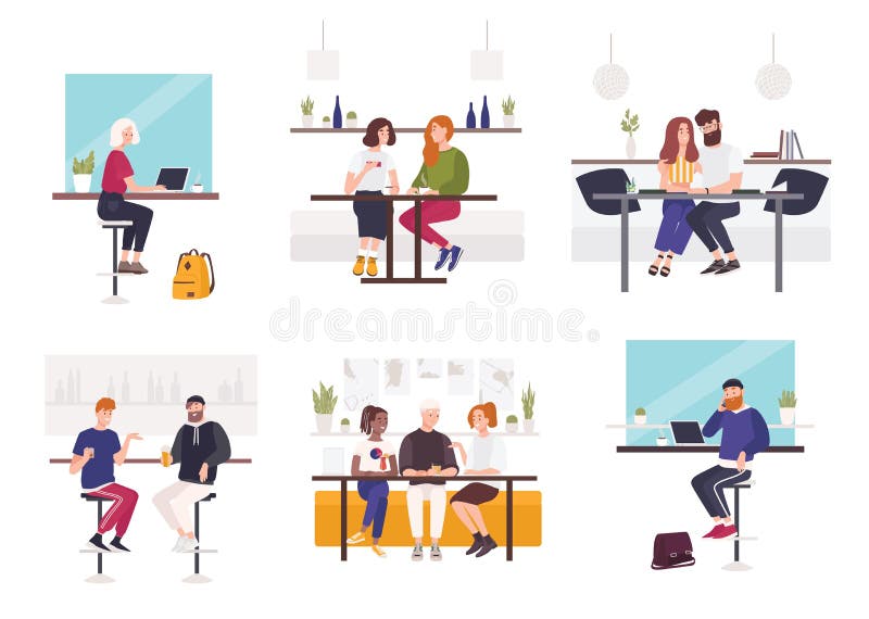 Sistema de hombres y de mujeres que se sientan en las tablas del café o del restaurante - trabajando en el ordenador portátil, ha ilustración del vector Sistema de hombres y de mujeres que se sientan en las tablas del café o del restaurante - trabajando en el ordenador portátil, ha ilustración del vector