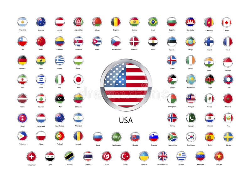 Sistema de iconos brillantes redondos con la frontera metálica de banderas de los estados soberanos del mundo stock de ilustración Sistema de iconos brillantes redondos con la frontera metálica de banderas de los estados soberanos del mundo stock de ilustración