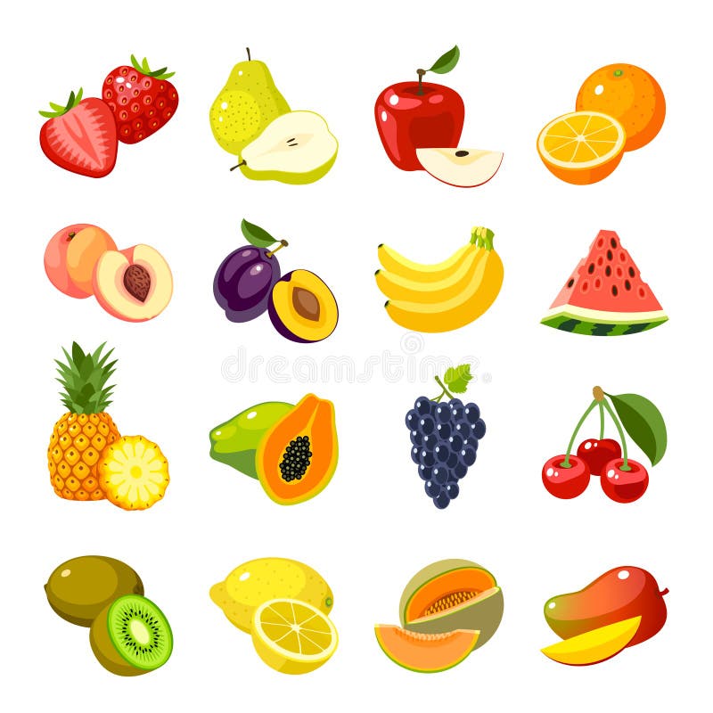 Sistema de iconos coloridos de la fruta de la historieta