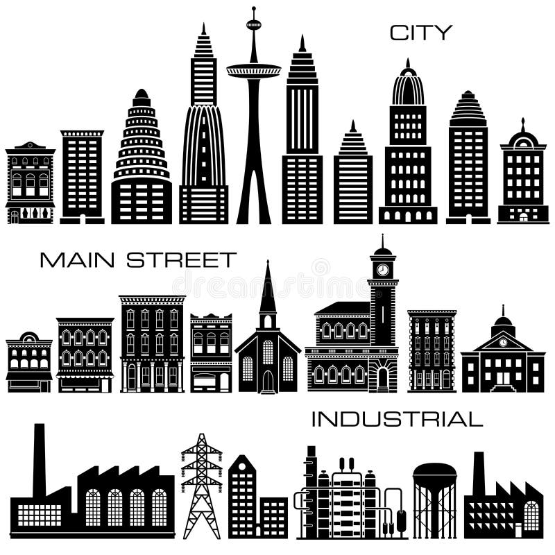 Sistema de 24 iconos de la ciudad, de Main Street y de los edificios industriales