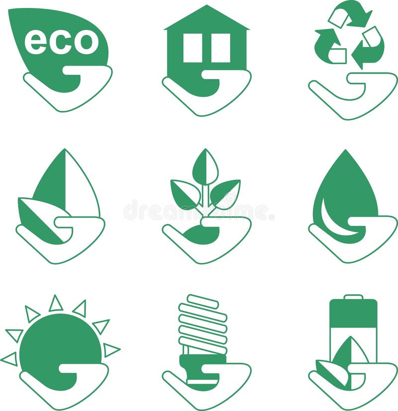 Sistema de iconos de la ecología con la mano stock de ilustración Sistema de iconos de la ecología con la mano stock de ilustración