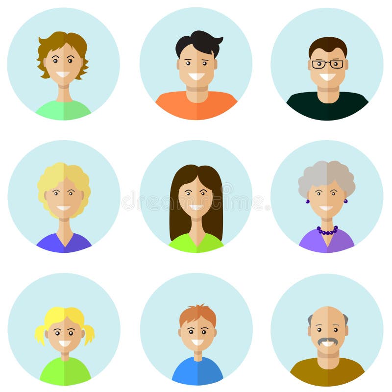 Sistema de iconos de la gente en estilo plano con las caras stock de ilustración Sistema de iconos de la gente en estilo plano con las caras stock de ilustración