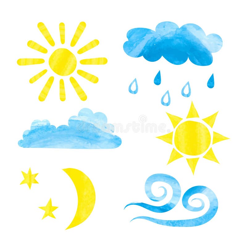 Sistema de iconos del tiempo de la acuarela Sol de la acuarela, nubes stock de ilustración Sistema de iconos del tiempo de la acuarela Sol de la acuarela, nubes stock de ilustración