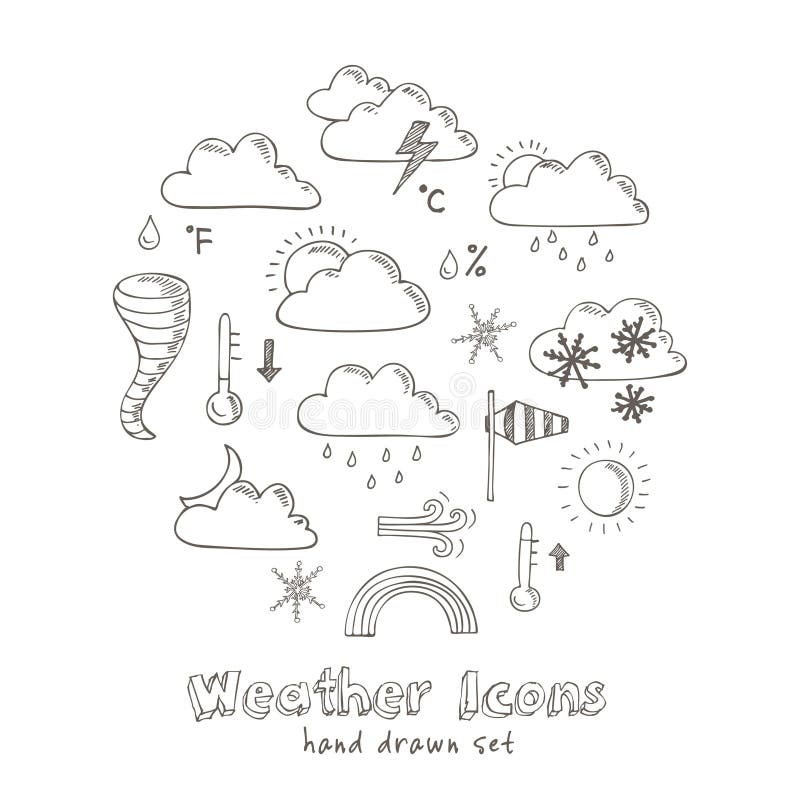 Sistema de iconos del tiempo del bosquejo del garabato stock de ilustración Sistema de iconos del tiempo del bosquejo del garabato stock de ilustración