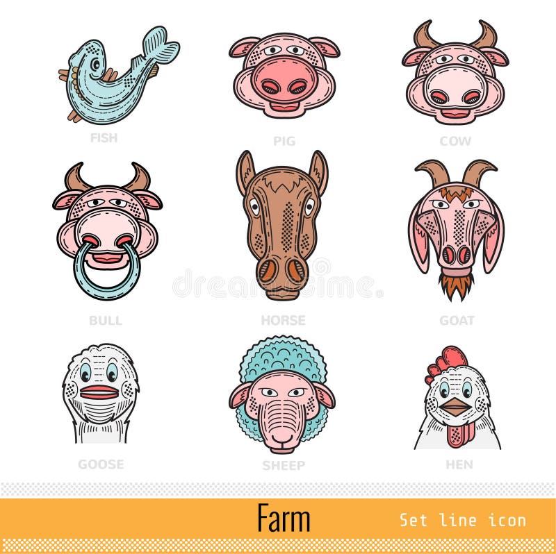 Sistema de iconos del web del esquema de los animales del campo del color ilustración del vector Sistema de iconos del web del esquema de los animales del campo del color ilustración del vector