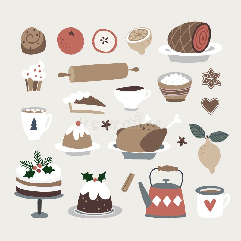 Sistema de iconos lindos de la comida y de la bebida de la Navidad Pavo asado, torta de la Navidad, bollo de canela, café, gallet stock de ilustración Sistema de iconos lindos de la comida y de la bebida de la Navidad Pavo asado, torta de la Navidad, bollo de canela, café, gallet stock de ilustración