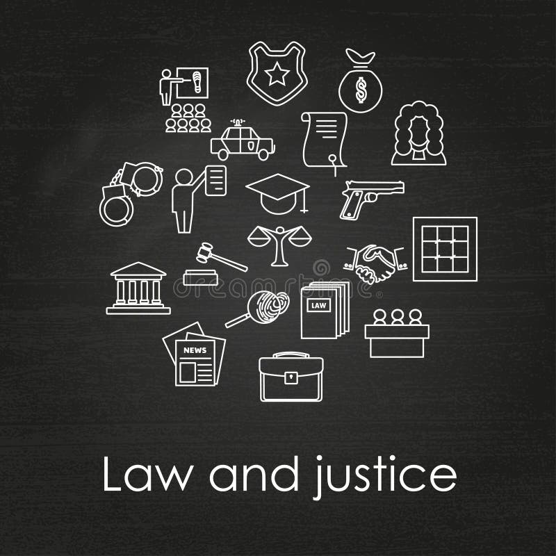 Sistema de iconos lineares blancos y negros de la ley y de la justicia ilustración del vector Sistema de iconos lineares blancos y negros de la ley y de la justicia ilustración del vector