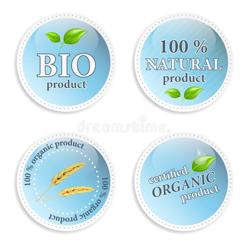 Sistema de iconos o de etiquetas naturales azules stock de ilustración Sistema de iconos o de etiquetas naturales azules stock de ilustración