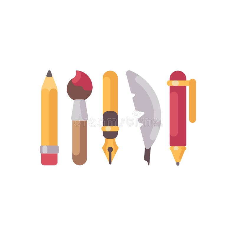Sistema de iconos planos de la escritura y de las herramientas de dibujo ilustración del vector Sistema de iconos planos de la escritura y de las herramientas de dibujo ilustración del vector