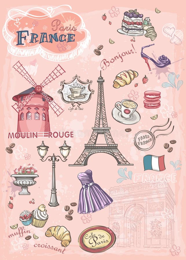Sistema de imágenes de diversas atracciones, París, Francia stock de ilustración Sistema de imágenes de diversas atracciones, París, Francia stock de ilustración