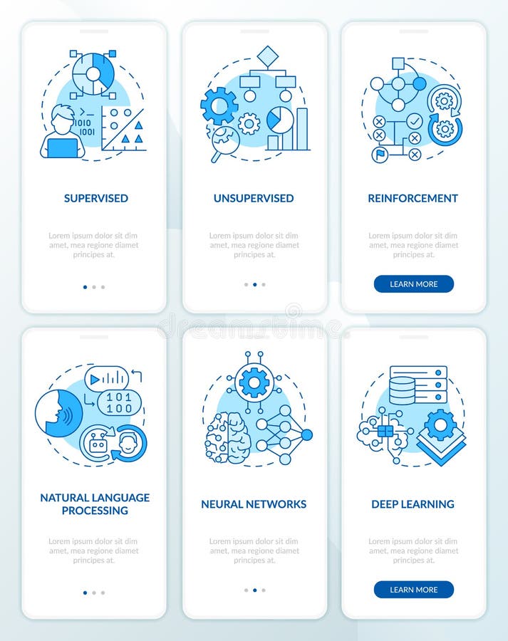 Sistema de inteligencia artificial conjunto de pantalla de aplicación móvil incorporado azul stock de ilustración