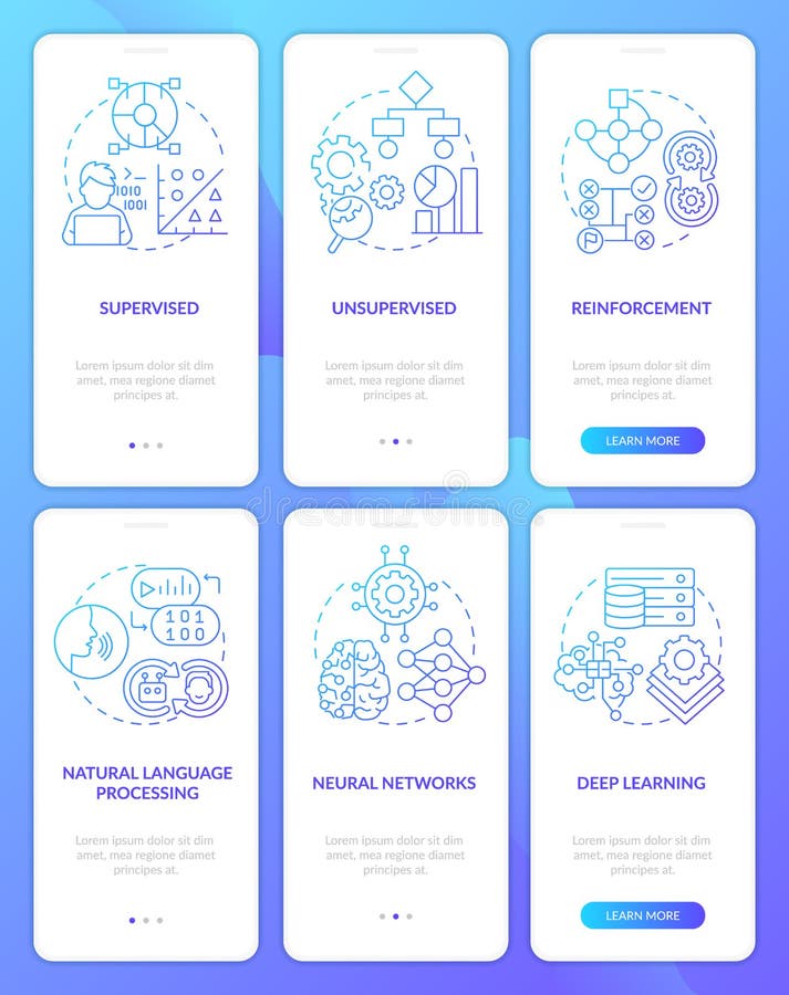 Sistema de inteligencia artificial gradiente azul incorporado aplicación móvil conjunto de pantalla stock de ilustración