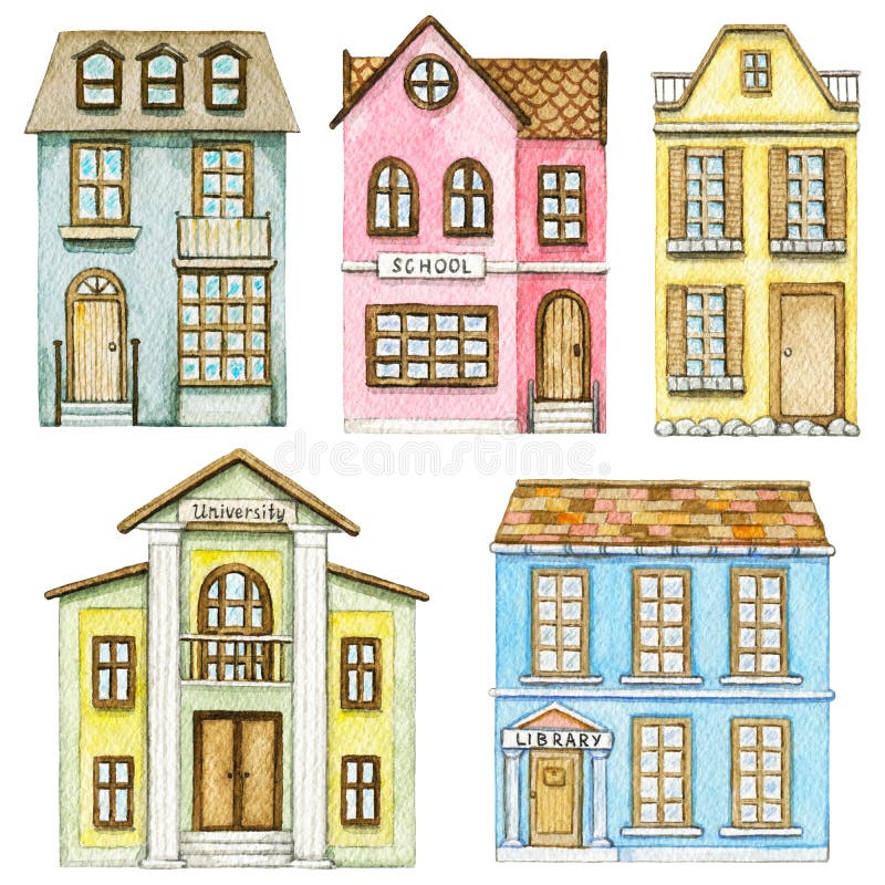 Sistema de la acuarela con cinco edificios lindos de la ciudad de la historieta ilustración del vector Sistema de la acuarela con cinco edificios lindos de la ciudad de la historieta ilustración del vector