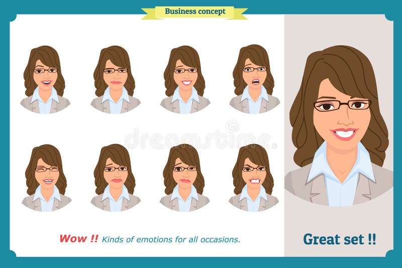 Sistema de la expresión de la mujer aislado Retratos jovenes de la emoción Diseño plano Carácter de la empresaria libre illustration Sistema de la expresión de la mujer aislado Retratos jovenes de la emoción Diseño plano Carácter de la empresaria libre illustration