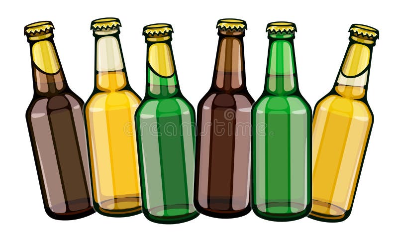 Beer bottles set full filled with crafting brewery beer drink glass tare closed with caps, isolated white background. EPS10 vector illustration. Beer bottles set full filled with crafting brewery beer drink glass tare closed with caps, isolated white background. EPS10 vector illustration.