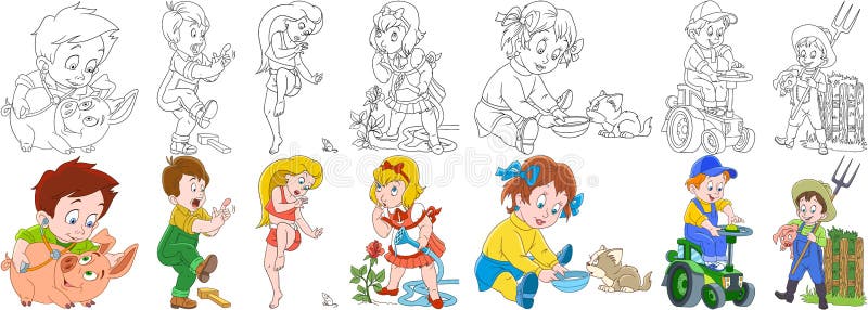 Cartoon people set. Farm collection. Veterinarian doctor, boy hitting a finger, woman and mouse, girl and rose flower, child feeding a cat, boy driving a tractor, farmer. Coloring book pages for kids. Cartoon people set. Farm collection. Veterinarian doctor, boy hitting a finger, woman and mouse, girl and rose flower, child feeding a cat, boy driving a tractor, farmer. Coloring book pages for kids.
