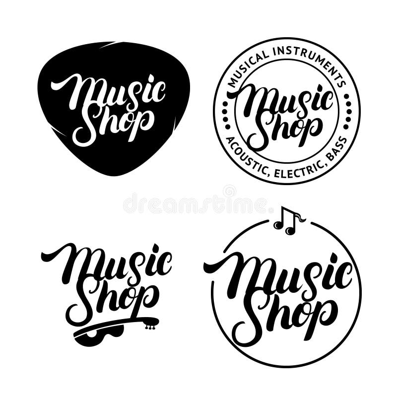 Sistema de la mano de la tienda de la música escrita poniendo letras a los logotipos, etiquetas, insignias, emblemas libre illustration Sistema de la mano de la tienda de la música escrita poniendo letras a los logotipos, etiquetas, insignias, emblemas libre illustration