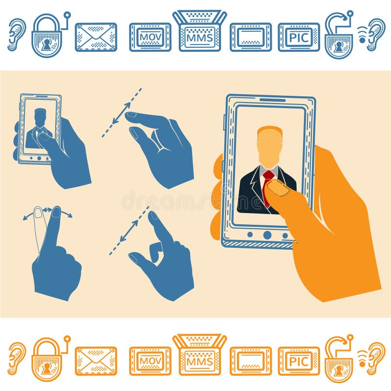 Sistema de la mano que sostiene el teléfono móvil vertical con el hombre en la pantalla Iconos planos del estilo libre illustration Sistema de la mano que sostiene el teléfono móvil vertical con el hombre en la pantalla Iconos planos del estilo libre illustration