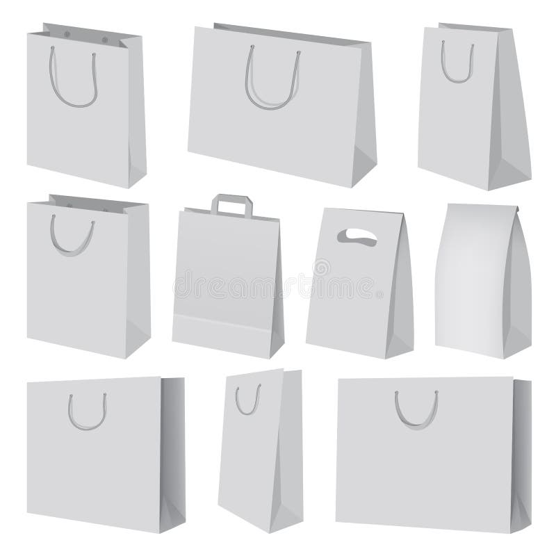 Sistema de la maqueta de la bolsa de papel, estilo realista ilustración del vector Sistema de la maqueta de la bolsa de papel, estilo realista ilustración del vector