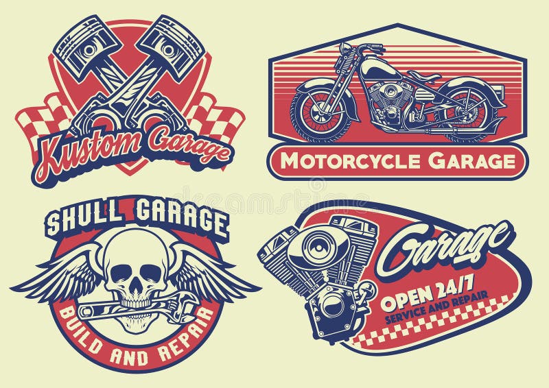 Sistema de la motocicleta del vintage del diseño del bagde stock de ilustración Sistema de la motocicleta del vintage del diseño del bagde stock de ilustración