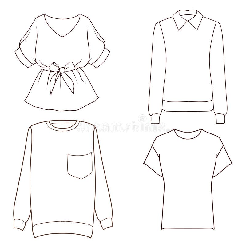 Set of four different tops - sweaters, t shirt, blouse - Flat fashion Sketch template. Set of four different tops - sweaters, t shirt, blouse - Flat fashion Sketch template