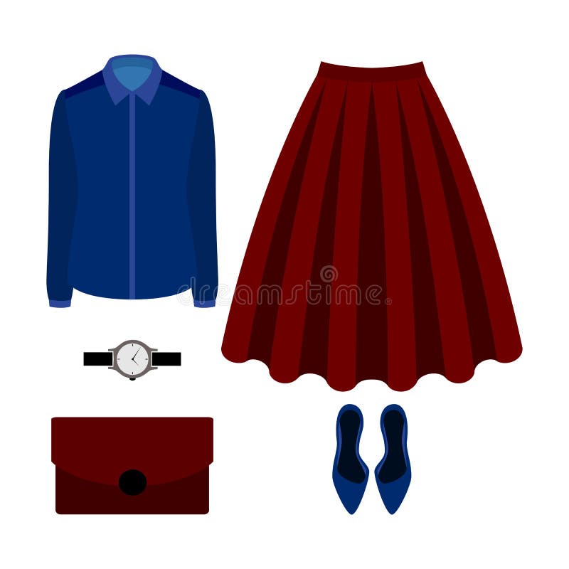 Set of trendy women's clothes with red skirt, blouse and accessories.Women's wardrobe. Vector illustration. Set of trendy women's clothes with red skirt, blouse and accessories.Women's wardrobe. Vector illustration