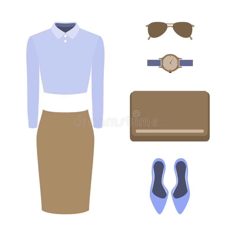 Set of trendy women's clothes. Outfit of woman skirt, blouse and accessories. Women's wardrobe. Vector illustration. Set of trendy women's clothes. Outfit of woman skirt, blouse and accessories. Women's wardrobe. Vector illustration