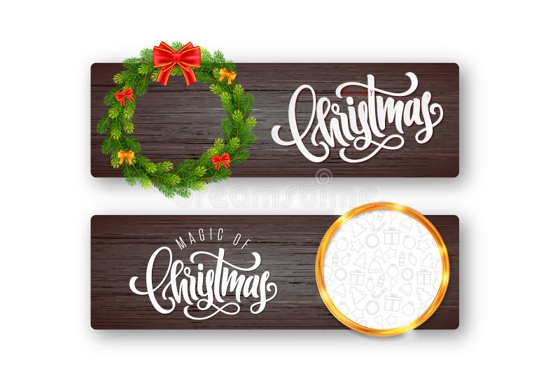 Sistema de la tarjeta de felicitación del día de fiesta con las letras, la guirnalda del abeto, el arco rojo y el marco de oro co stock de ilustración Sistema de la tarjeta de felicitación del día de fiesta con las letras, la guirnalda del abeto, el arco rojo y el marco de oro co stock de ilustración