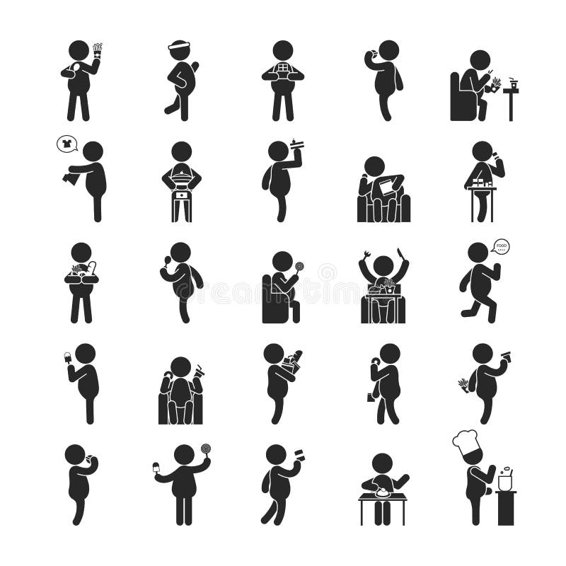 Sistema de las actividades gordas del hombre, iconos humanos del pictograma ilustración del vector Sistema de las actividades gordas del hombre, iconos humanos del pictograma ilustración del vector