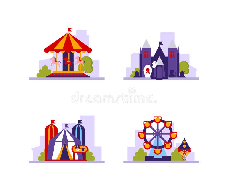 Sistema de las atracciones del parque de atracciones diverso, tienda de circo, carruseles, paseo asustadizo del horror y Ferris W ilustración del vector Sistema de las atracciones del parque de atracciones diverso, tienda de circo, carruseles, paseo asustadizo del horror y Ferris W ilustración del vector