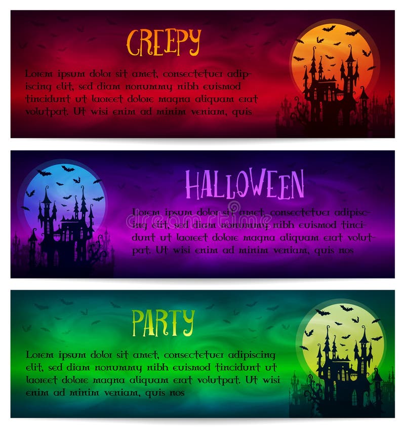 Sistema de las banderas horizontales de Halloween del vector con la luna, el castillo del fantasma y las siluetas grandes de los stock de ilustración Sistema de las banderas horizontales de Halloween del vector con la luna, el castillo del fantasma y las siluetas grandes de los stock de ilustración