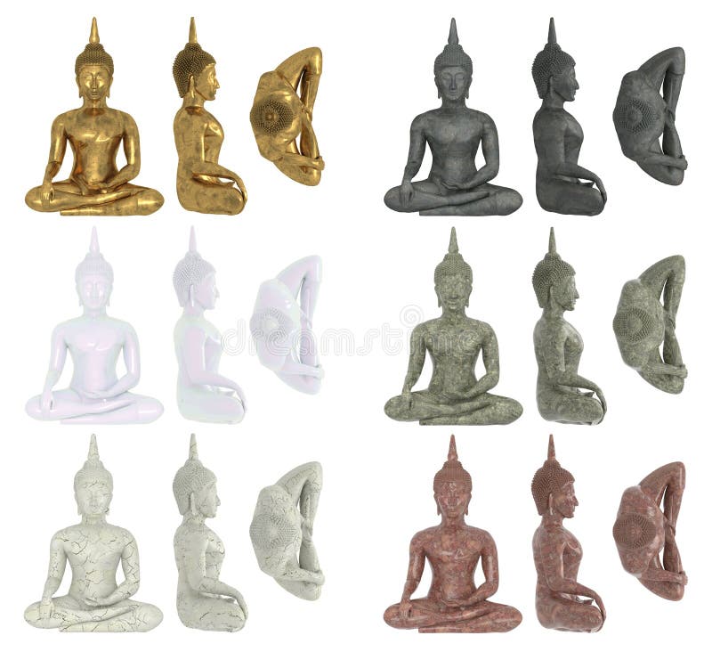 Sistema de las estatuillas de Buda aisladas en el fondo blanco en materiales del oro, mármol, piedra, granito, cerámica Buda en l ilustración del vector Sistema de las estatuillas de Buda aisladas en el fondo blanco en materiales del oro, mármol, piedra, granito, cerámica Buda en l ilustración del vector